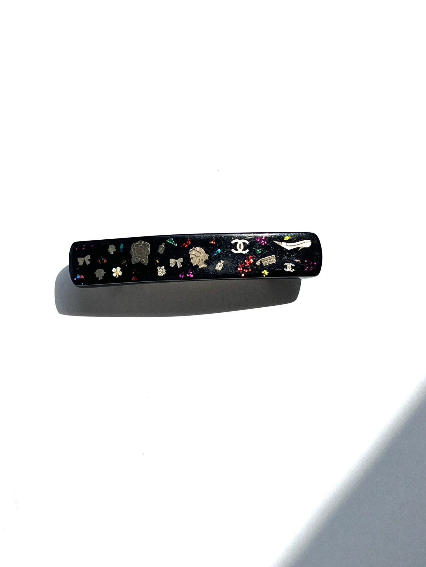 Chanel Black Multi Logo Glitter Embellished Print Hair Clip Women Shoes