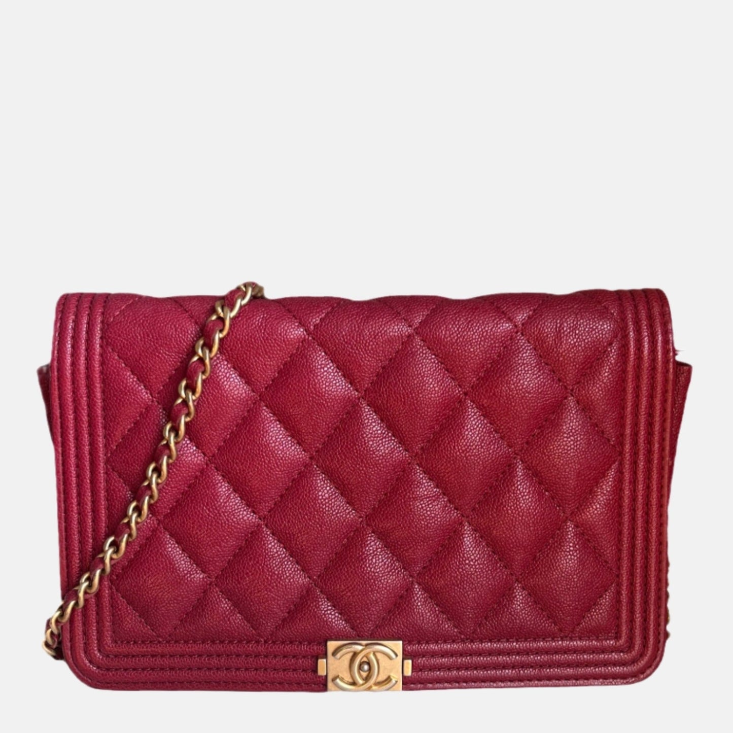 Chanel on WOC Boy Caviar Antiqued Hardware Red Gold Leather Wallet Case