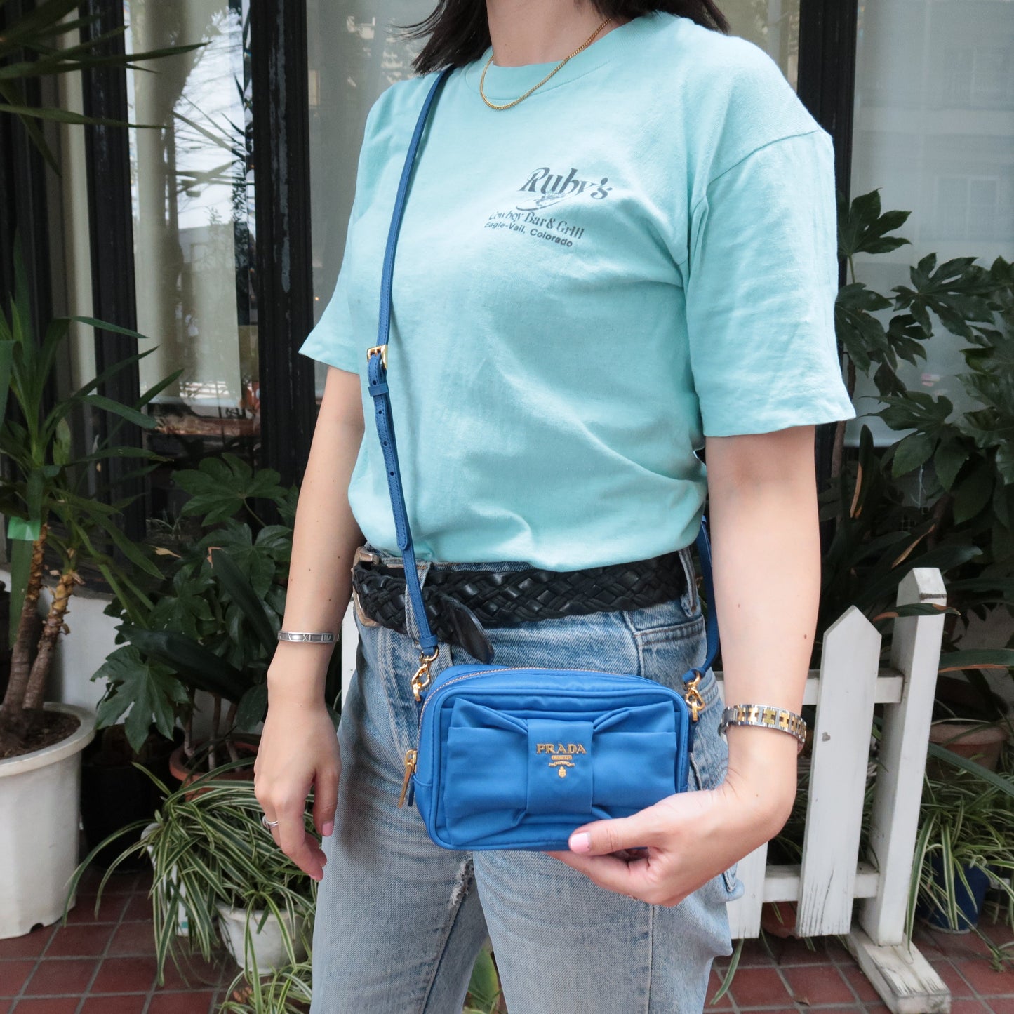 Prada Prada Logo Nylon Leather Ribbon Shoulder Bag Blue