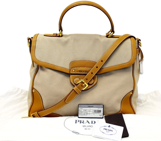 Prada Corda Cuoio Canapa And Cinghial Pattina Satchel Canvas Travel Bag