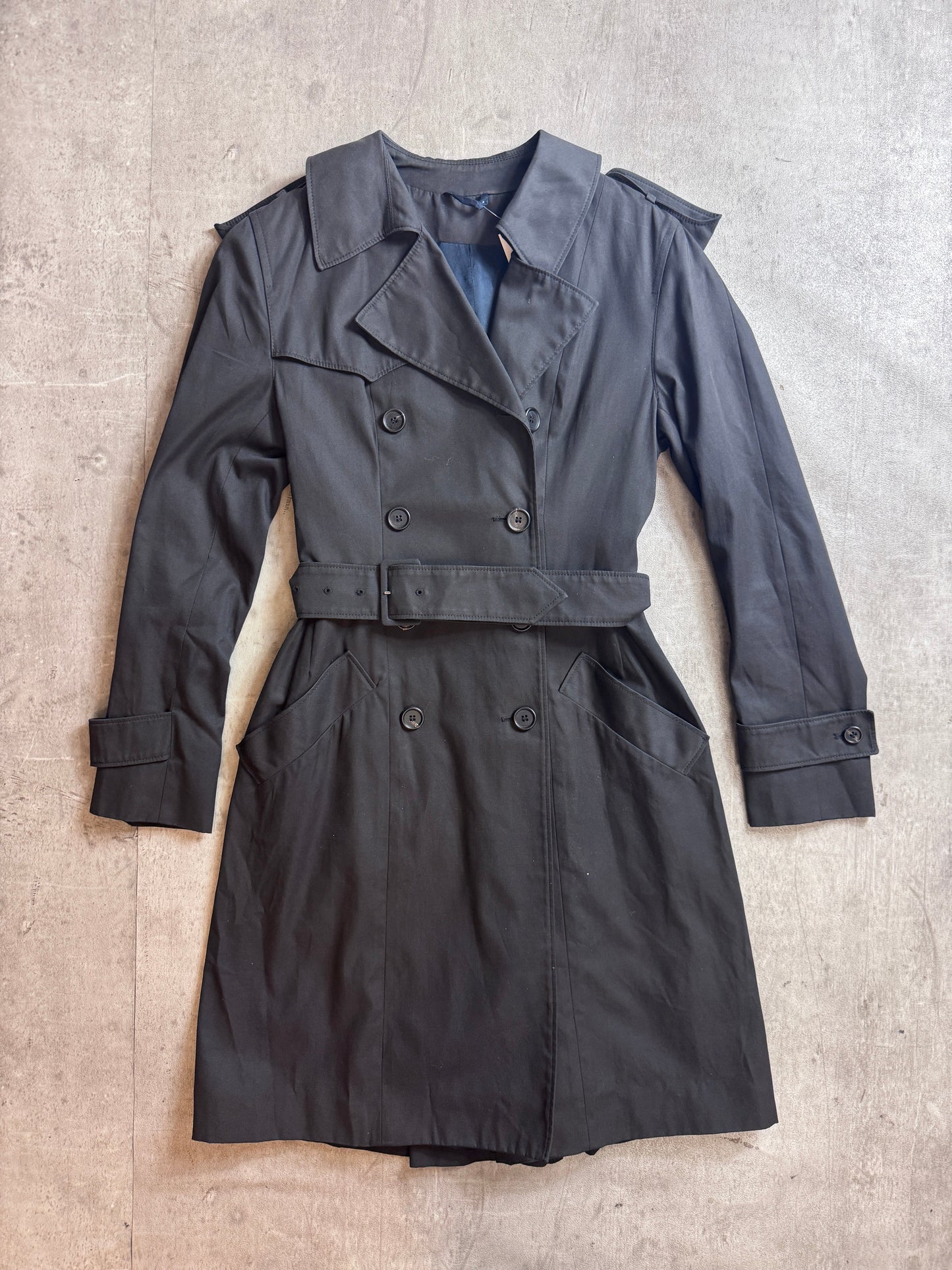 Prada Handbag Silk Lined Double Breasted Trench Coat Navy Small