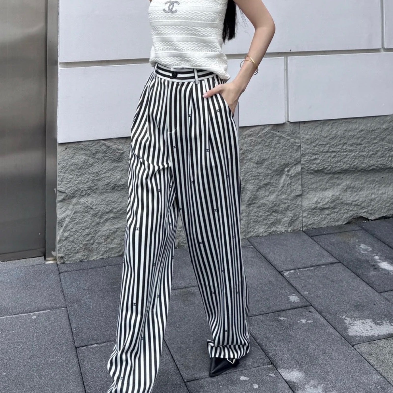 Chanel Pinstripe Long Pants with CC Mini Crystals Sz 36 ( ) Handbag