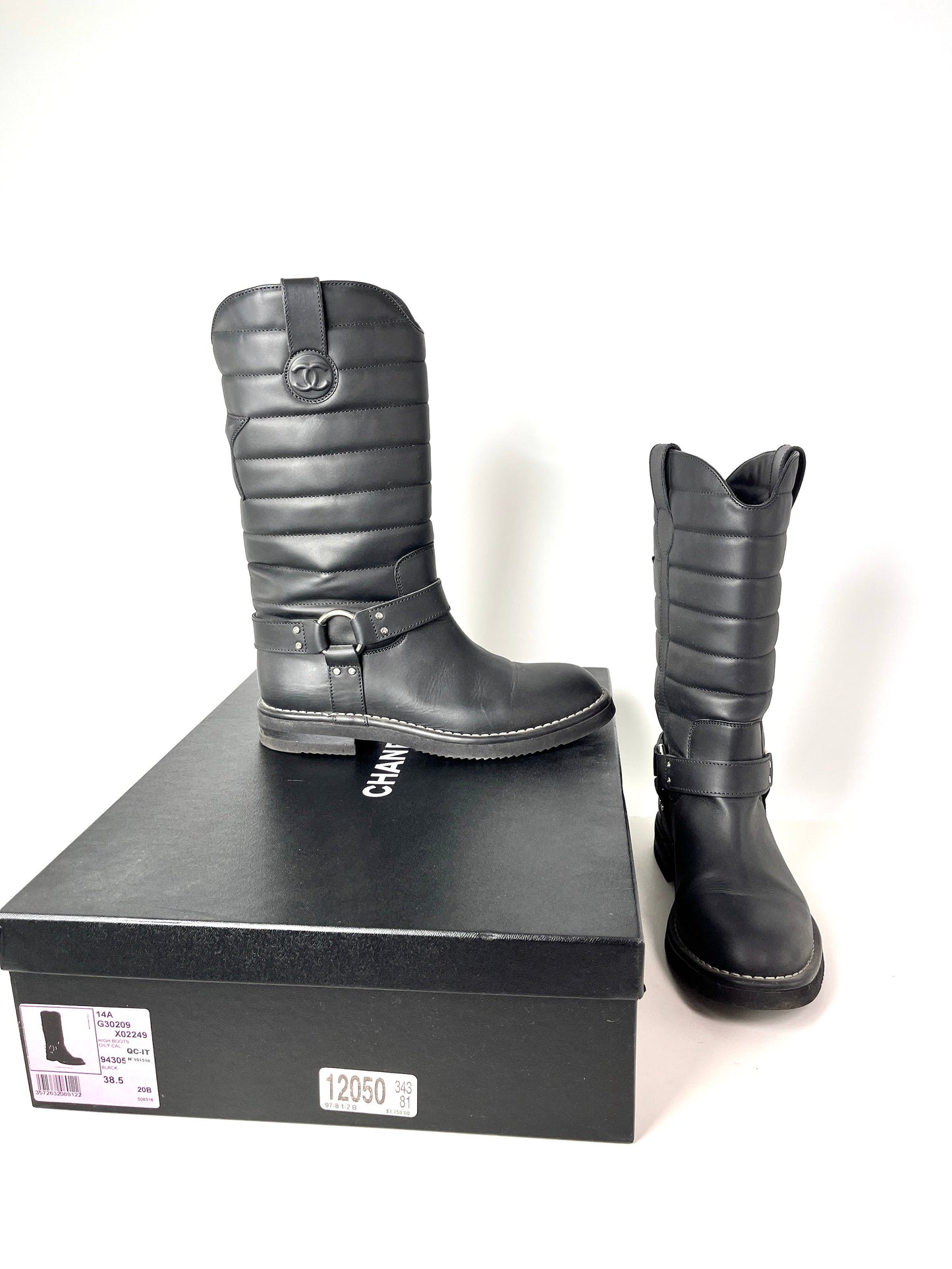 Chanel Paris Dallas CC Star Black Leather Moto Mid Calf Boots 38.5 for Women
