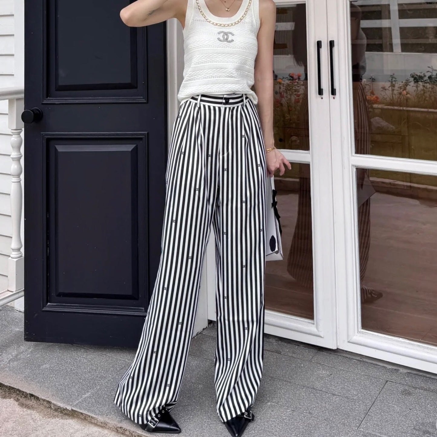 Chanel Pinstripe Long Pants with CC Mini Crystals Sz 36 ( ) Handbag