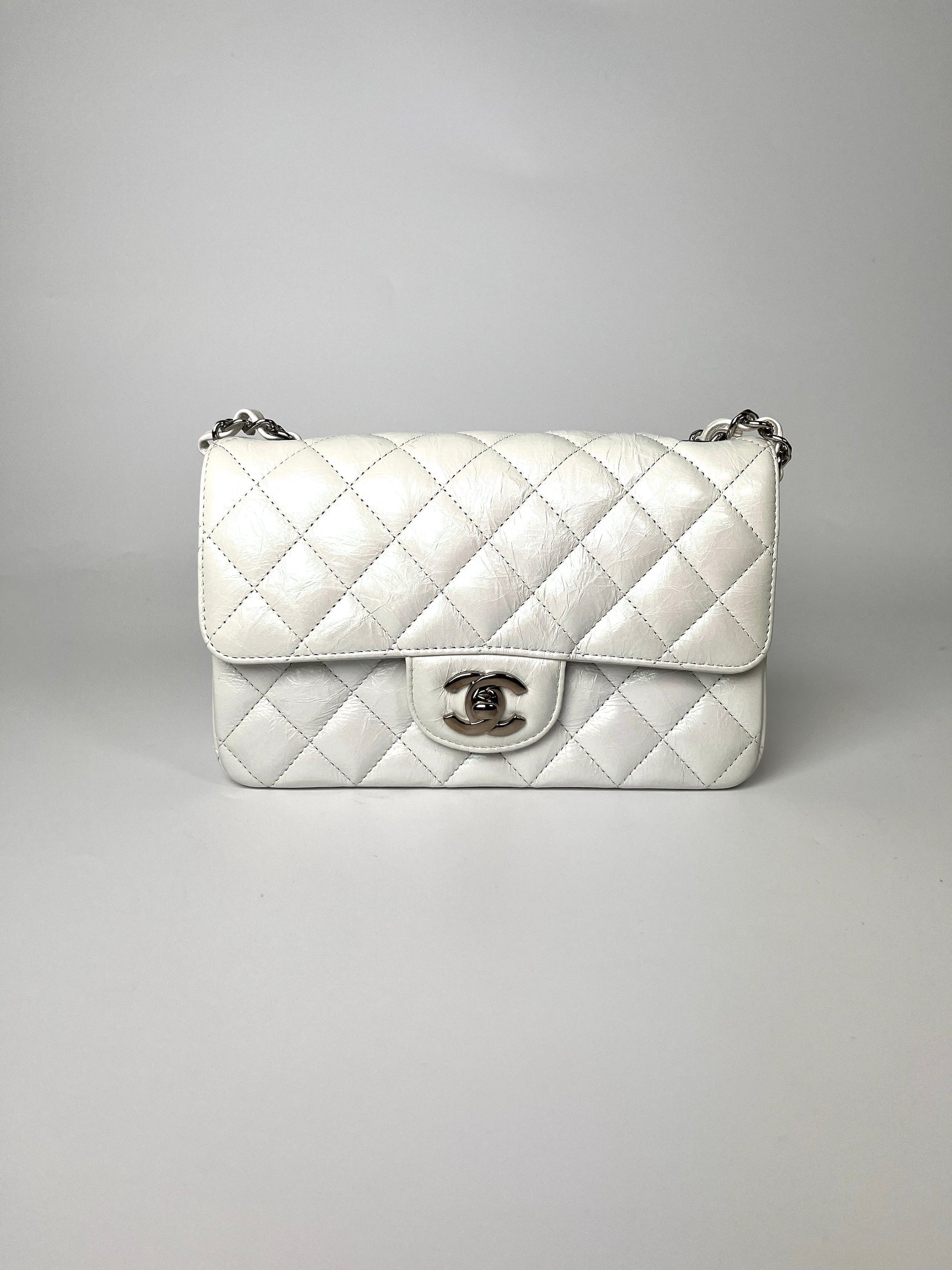 Chanel White Rectangular Mini Crumpled Calfskin Classic Flap Bag