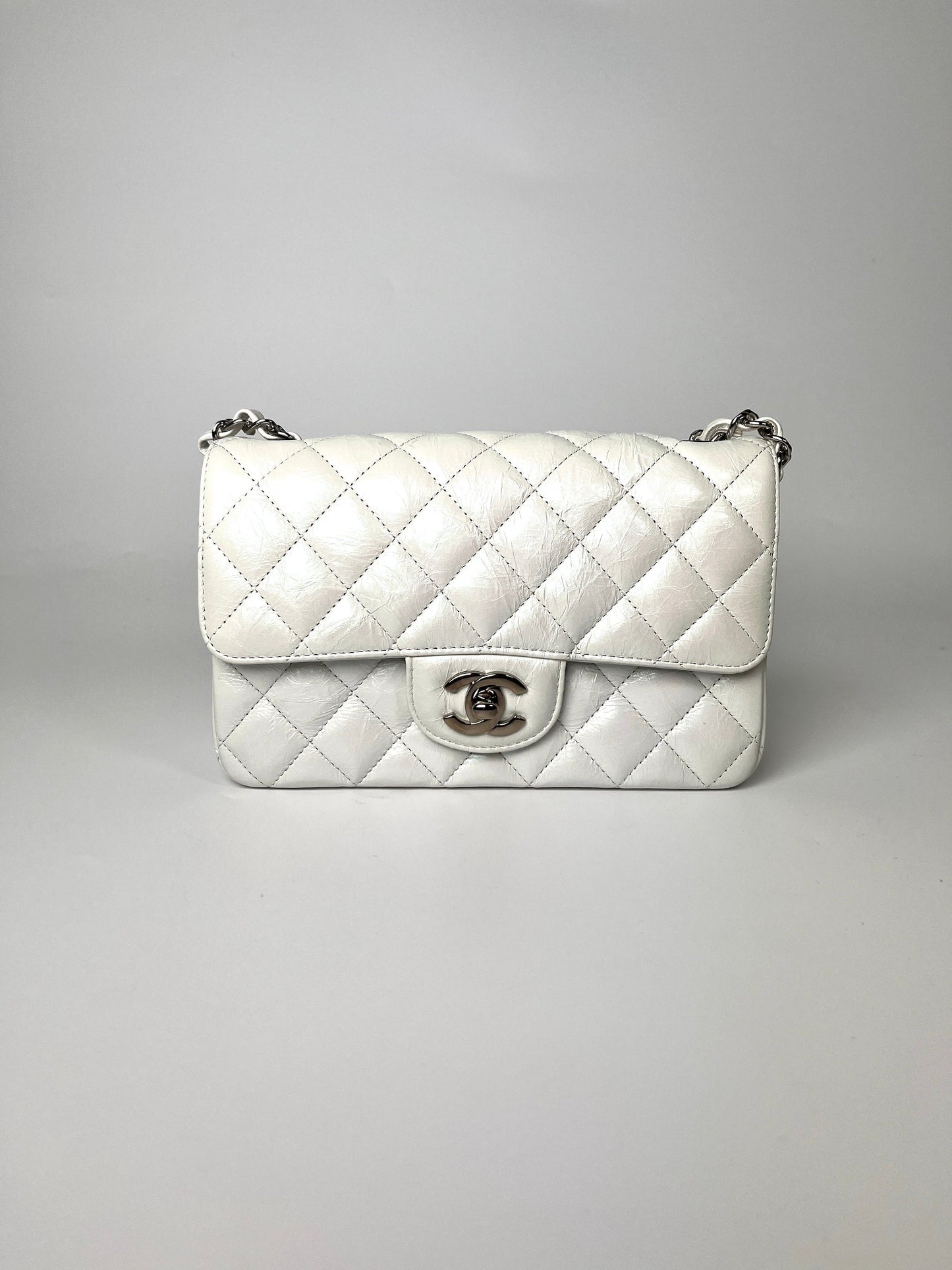 CHANEL White 2021 Rectangular Mini Crumpled Calfskin Classic Flap Bag