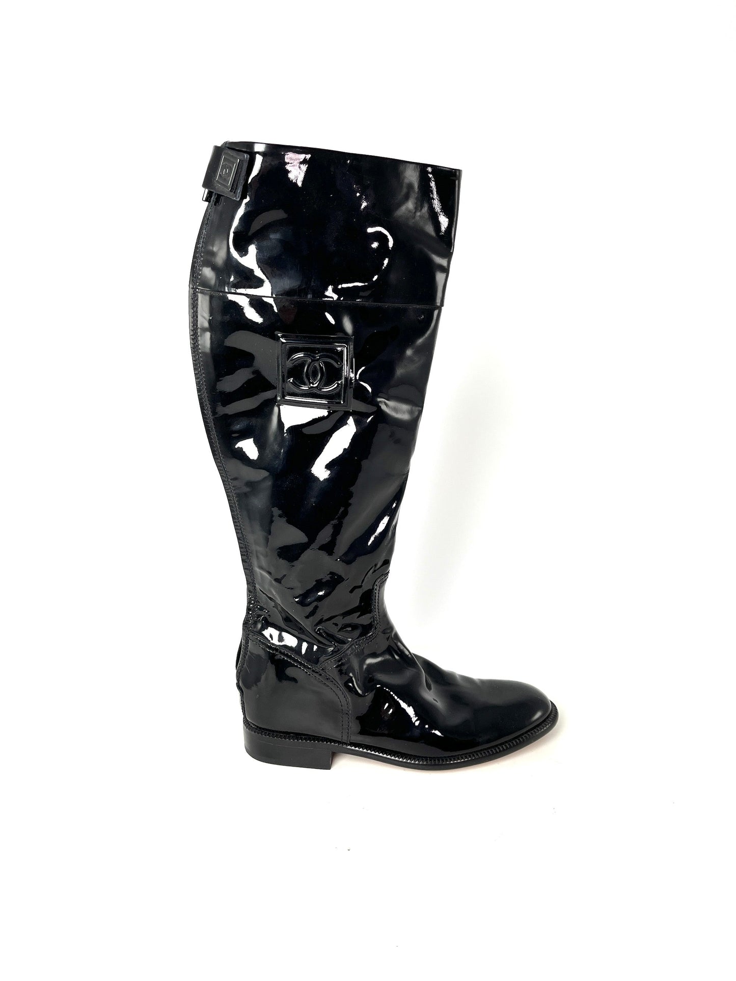 Chanel CC Logo Patent Leather Black Long Flat Boots 37.5 7