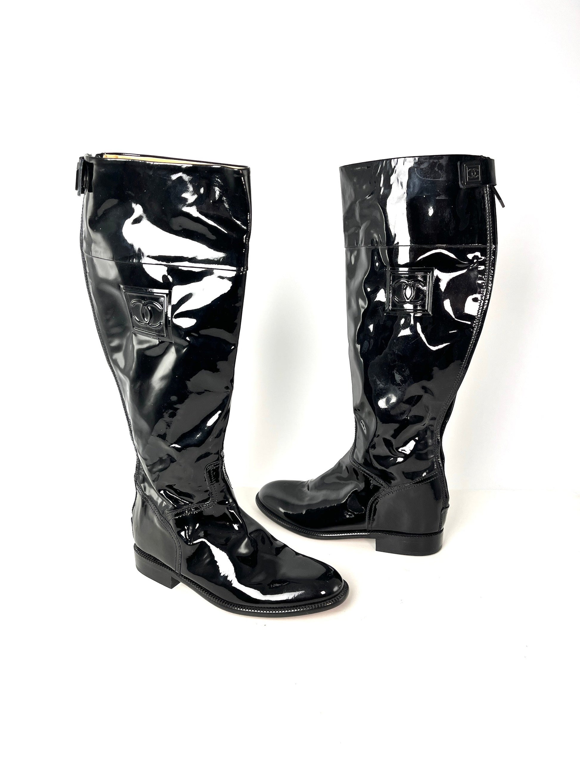 Chanel CC Logo Patent Leather Black Long Flat Boots 37.5 7 for Women