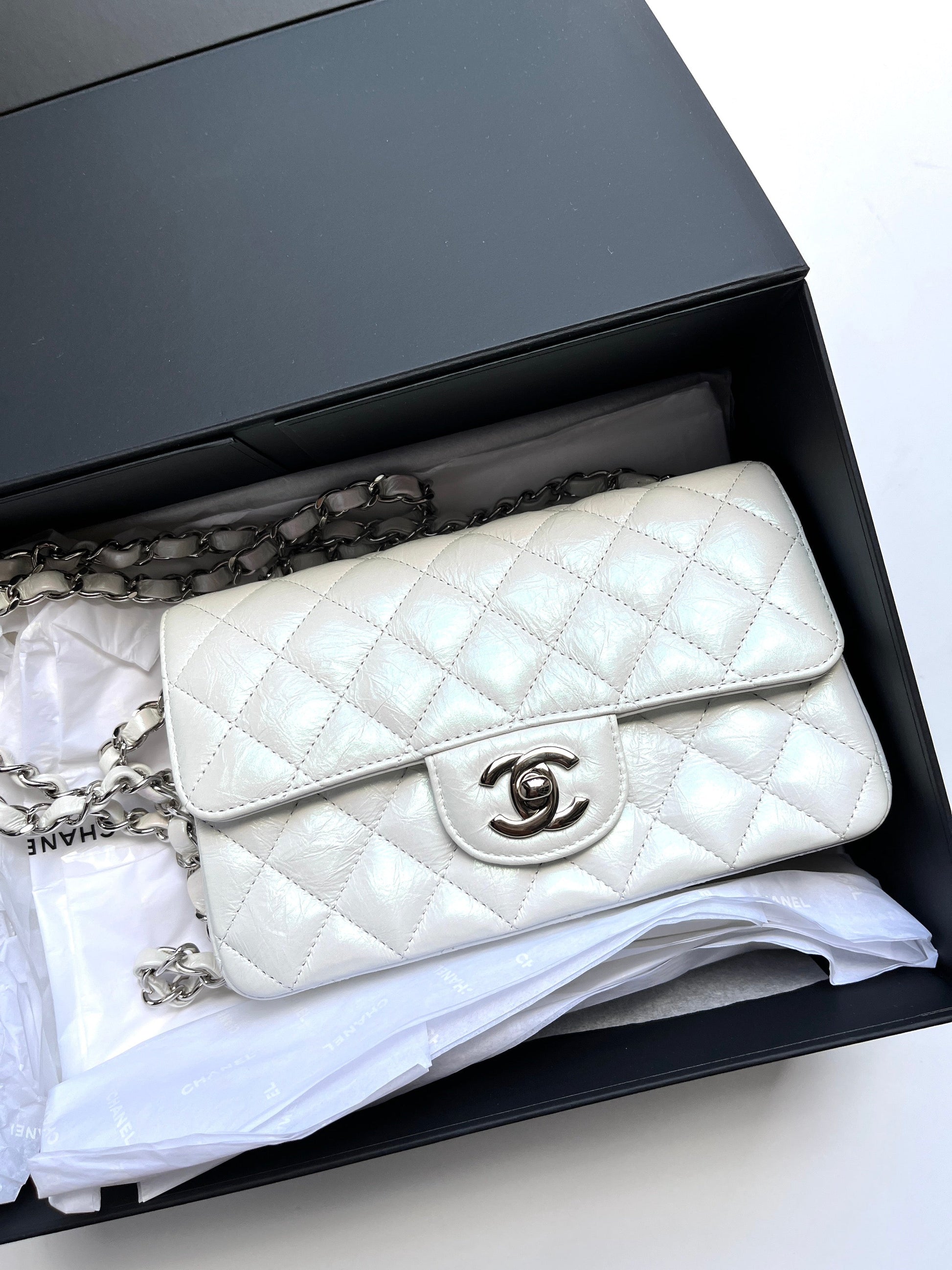 Chanel White Rectangular Mini Crumpled Calfskin Classic Flap Bag