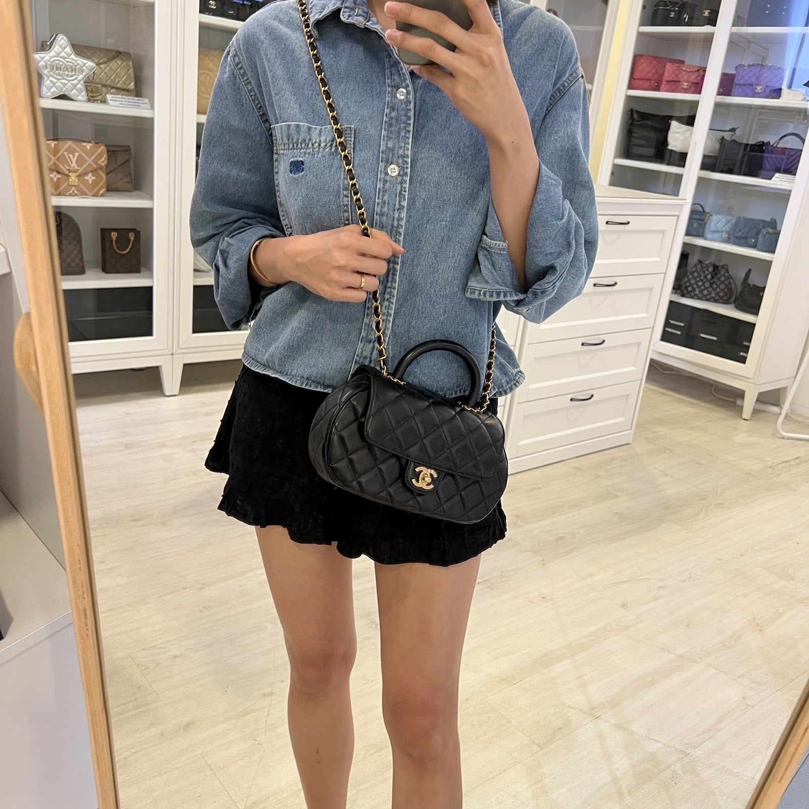 Chanel 24C Top Handle Flap Bag in Black Lambskin and Aghw ( )