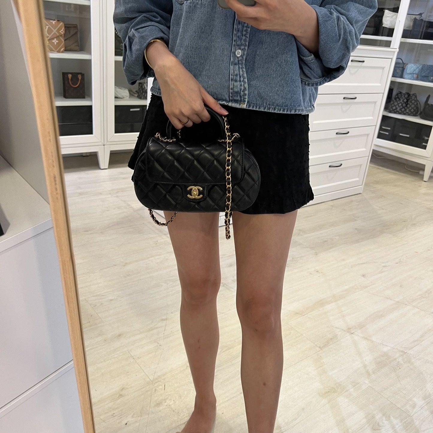 Chanel 24C Top Handle Flap Bag in Black Lambskin and Aghw ( )
