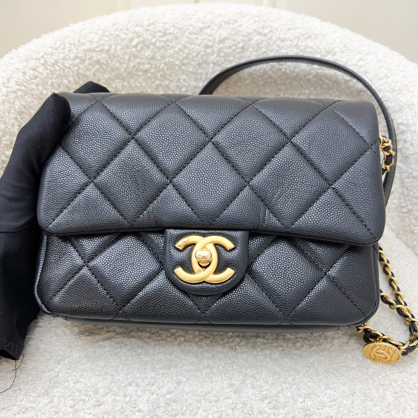 Chanel 22A “Twist Your Buttons” Small Mini Flap In Black Caviar And Aghw ( ) Bag