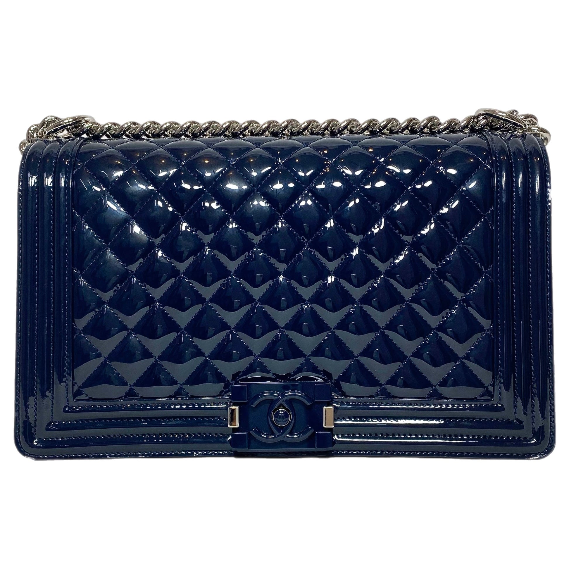Chanel Navy Patent Old Medium Boy Bag