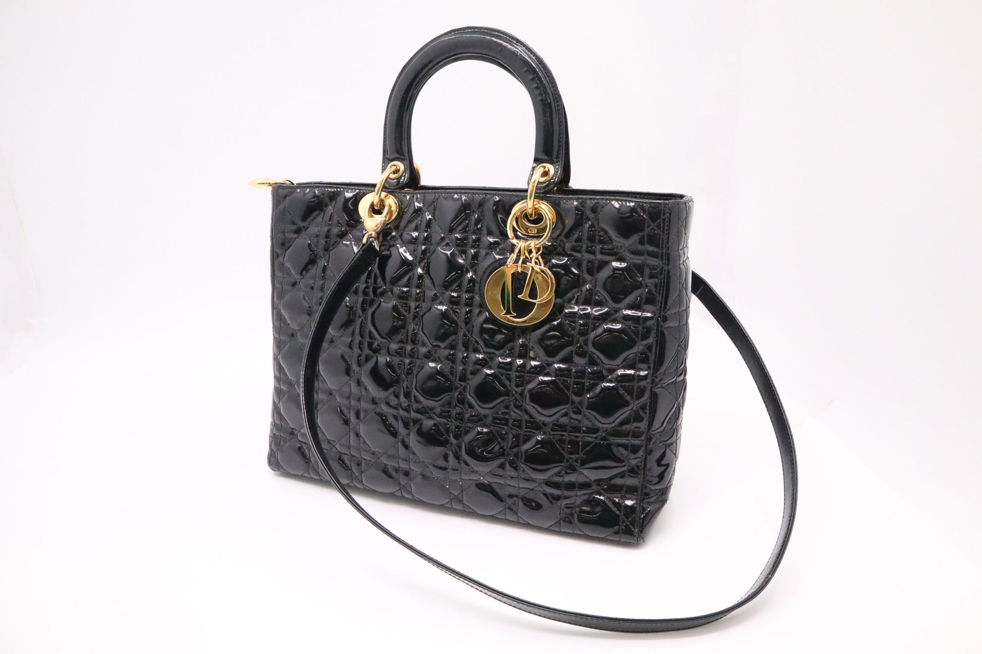 Dior Lady In Cannage Patent Handbag Leather Black Travel Bag