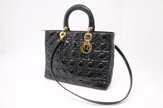 Dior Lady In Cannage Patent Handbag Leather Black Travel Bag
