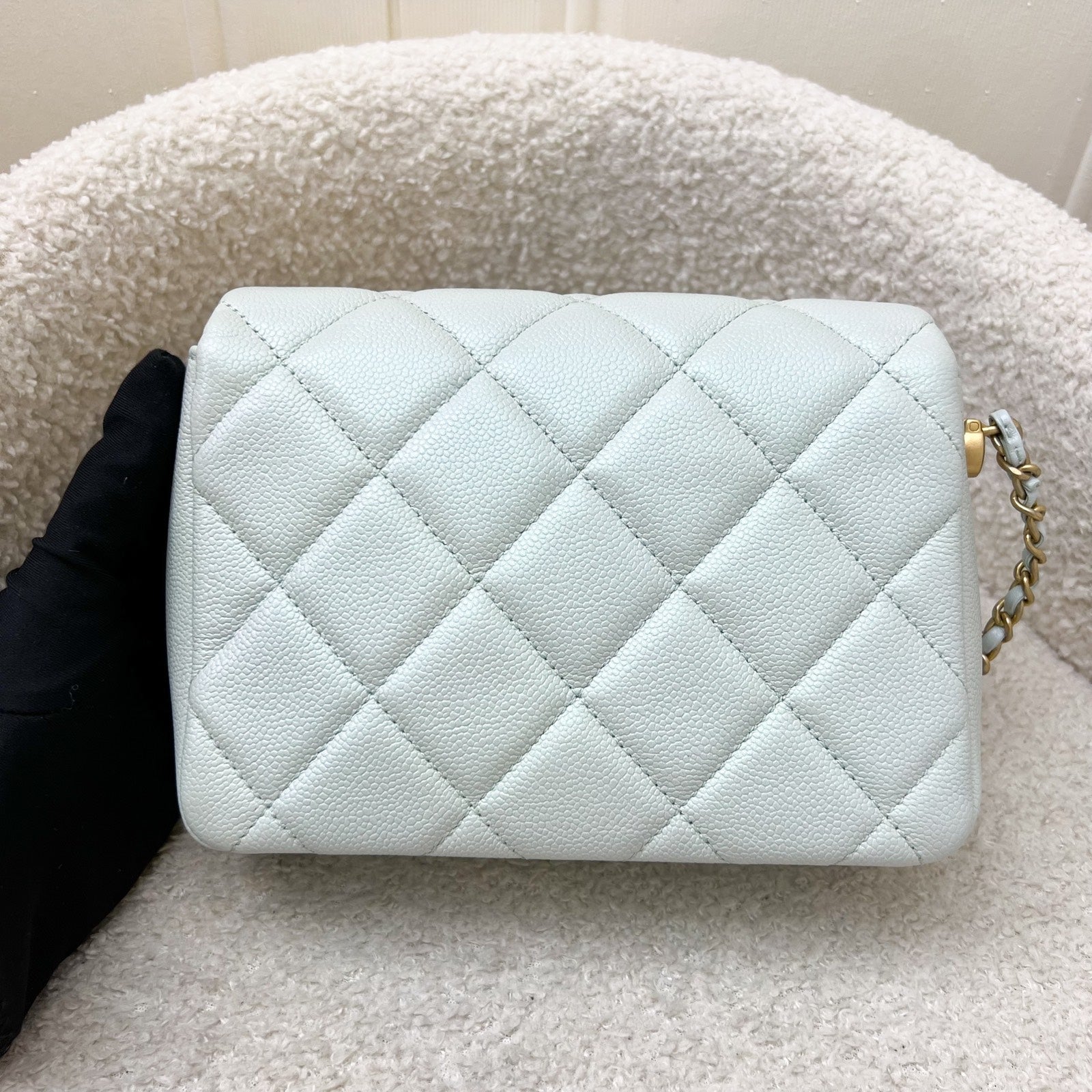 Chanel 21K Perfect Mini Flap Bag With Adjustable Chain In Iridescent Mint Caviar And Aghw ( )