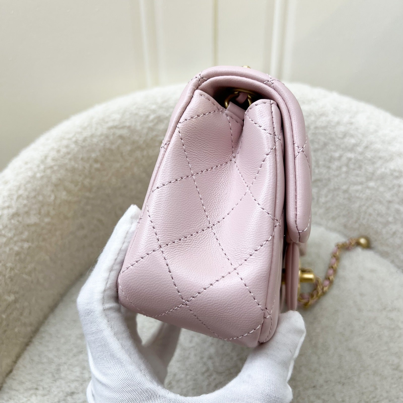 Chanel Pearl Crush Mini Rectangle Flap In 24K Sakura Pink Stiff Lambskin And Aghw ( ) Bag