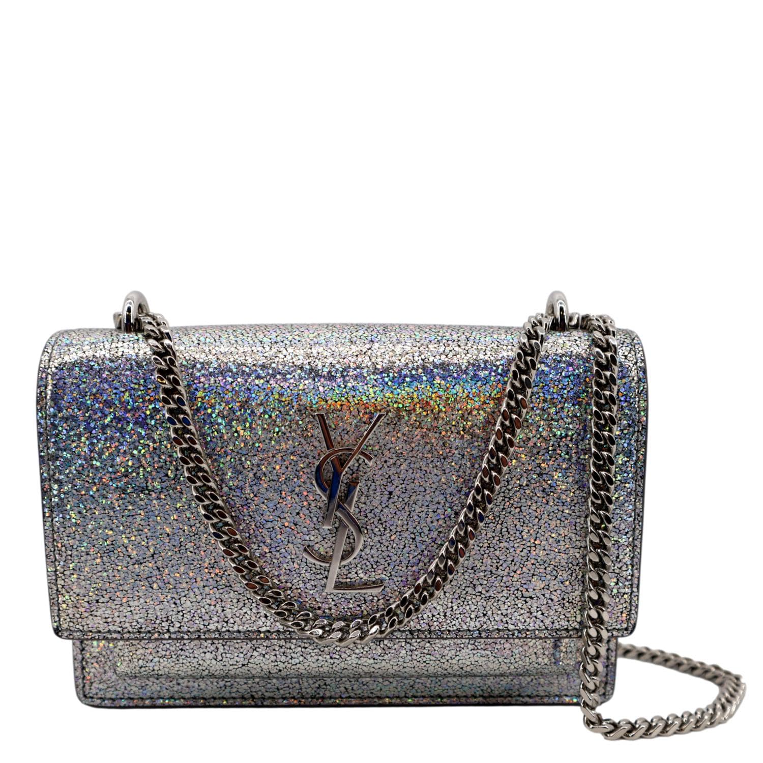 YSL Saint Laurent Saint Sunset Crackled Metallic Crossbody Bag Leather Silver