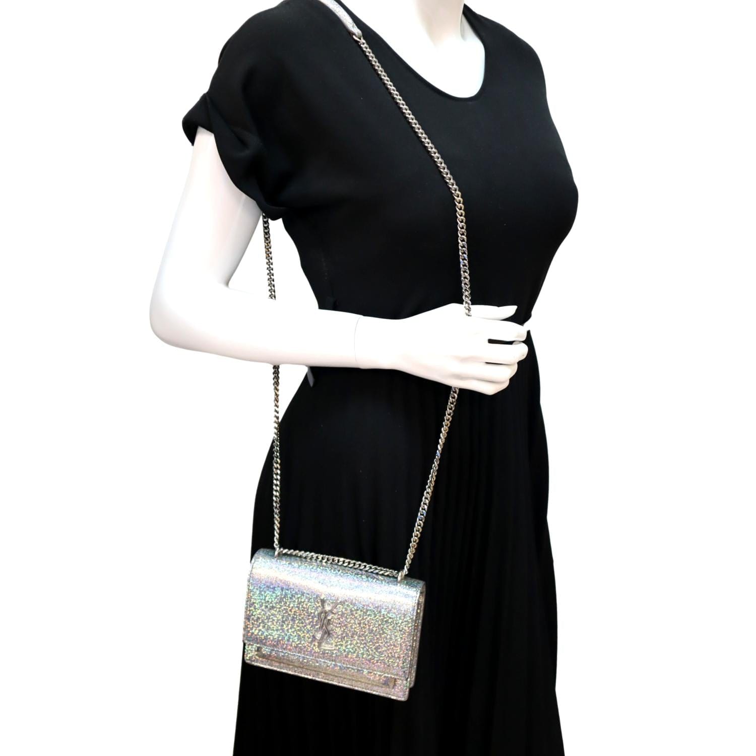 YSL Saint Laurent Yves Sunset Crackled Metallic Crossbody Bag Leather Silver