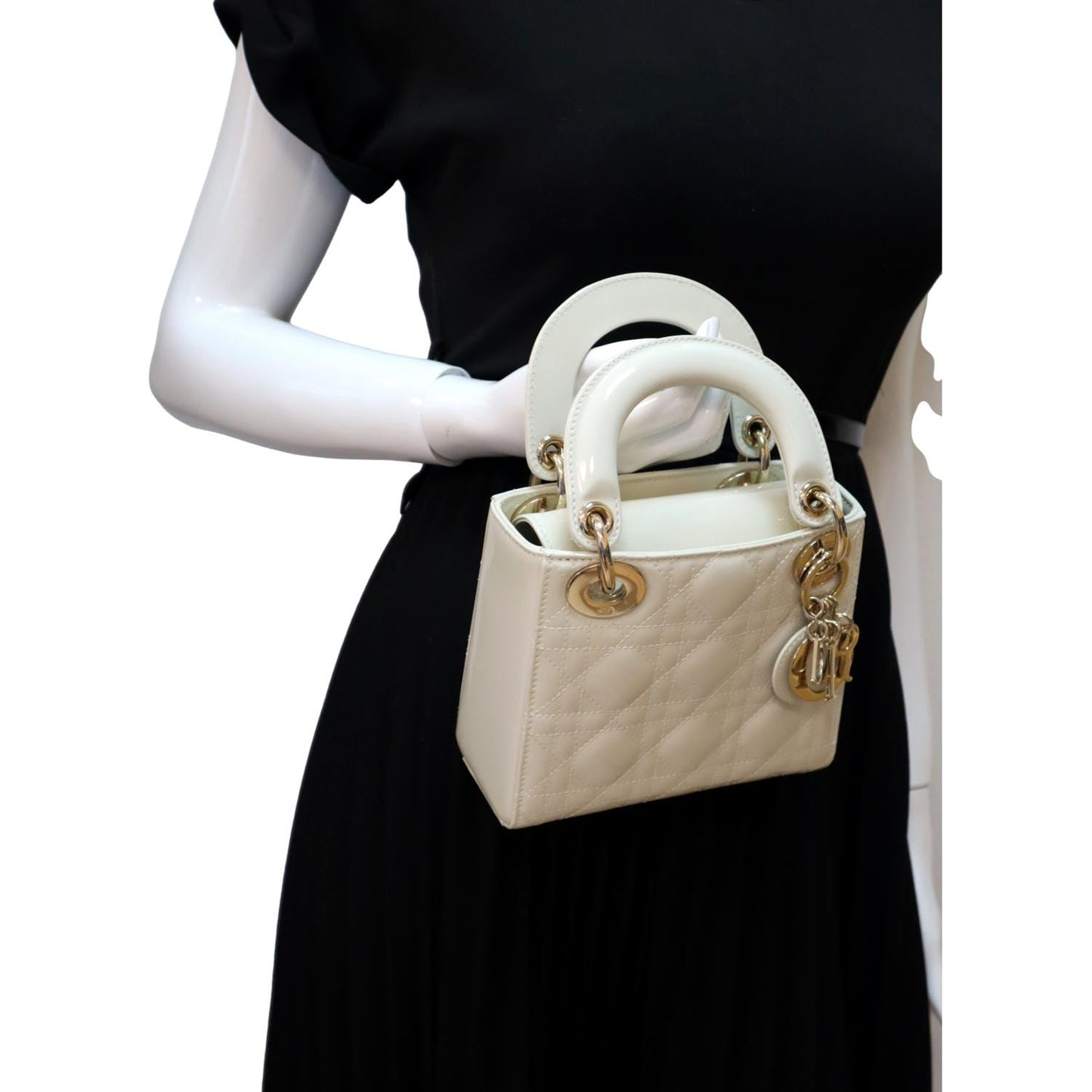 Dior Lady Cannage Satchel Bag Leather Patent White