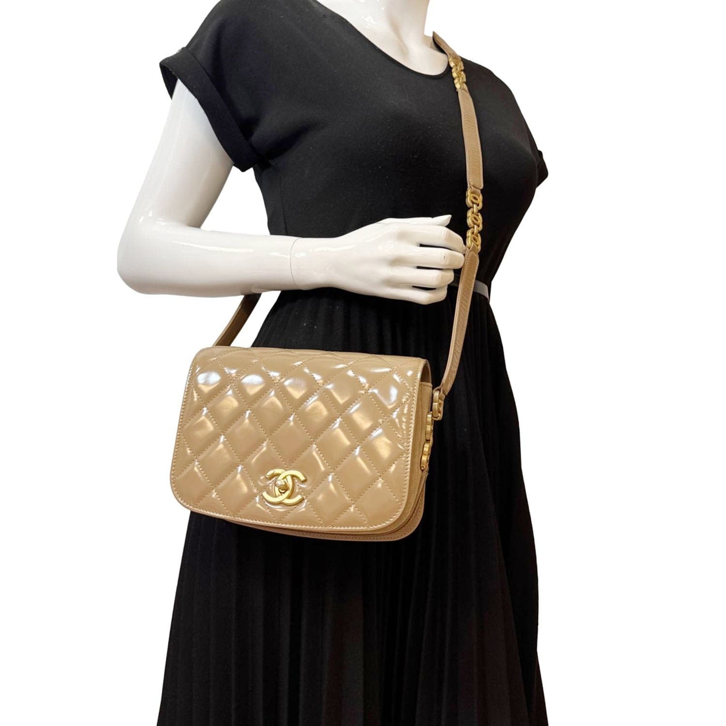 Chanel My Sweet CC Shiny Quilted Leather Calfskin Beige Travel Bag