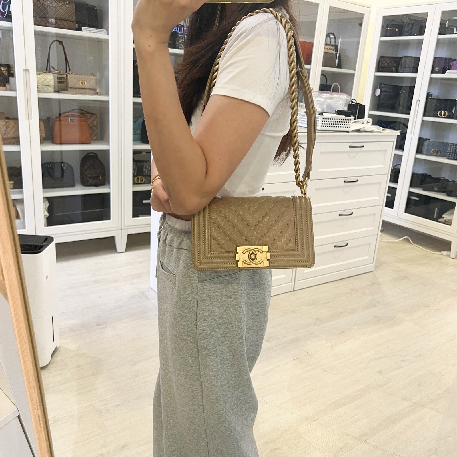 Chanel Small 20Cm Boy Flap In Chevron Quilted Beige Caviar And Aghw Bag