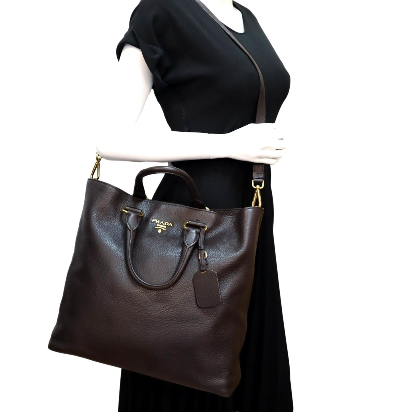 Vitello Daino Tote Shoulder Bag Dark Leather Brown
