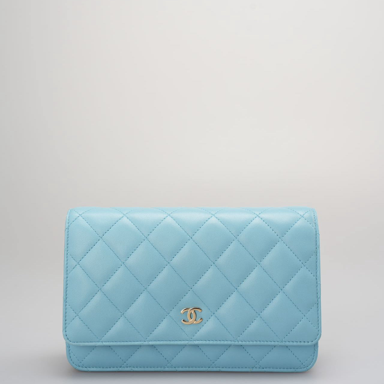 Chanel Light Blue Woc Wallet On Chain Classic Bag In Lambskin Leather With Gold Hardware