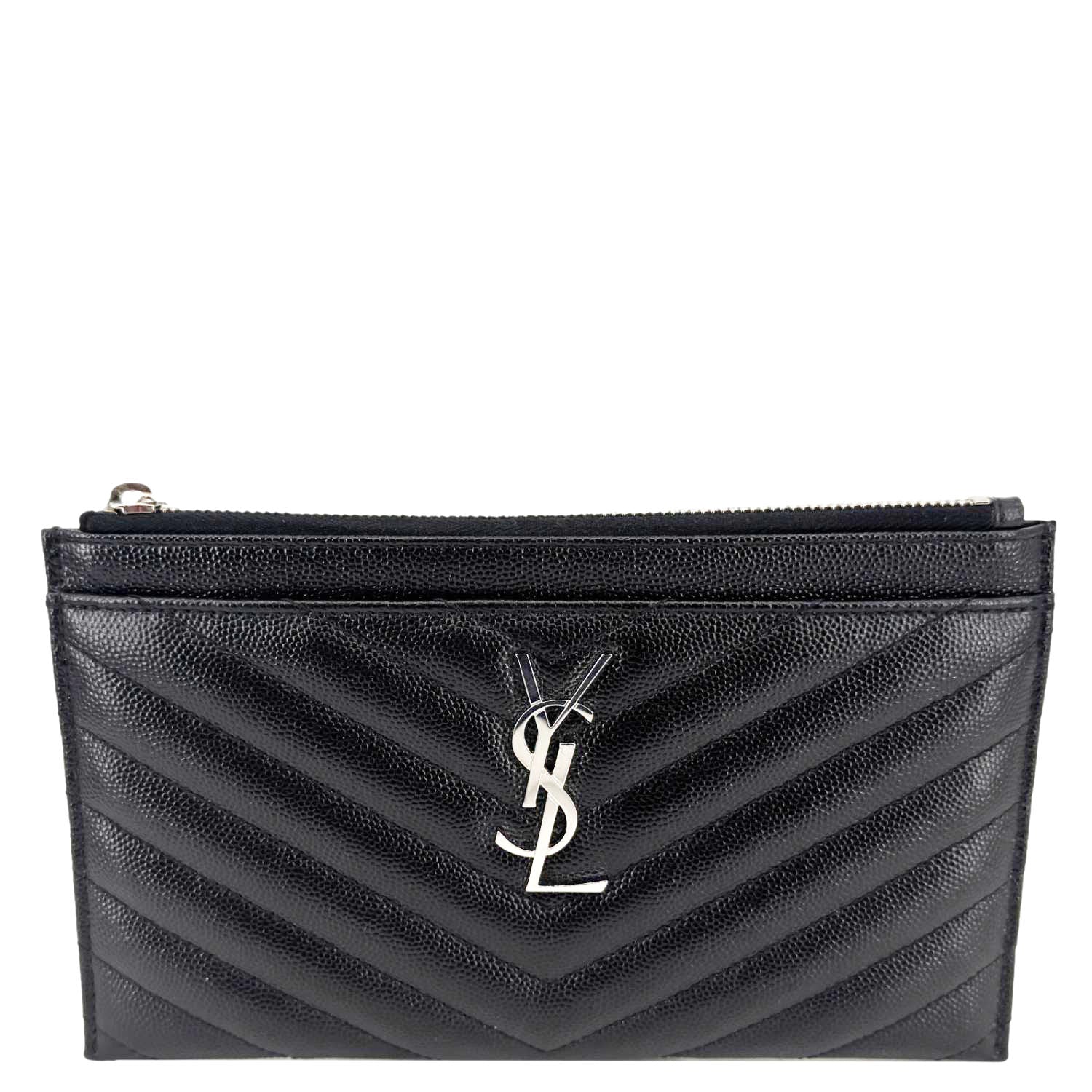 YSL Saint Laurent Yves Bill Grain De Poudre Chevron Pouch Handbag Leather Monogram Black Travel Bag Bill Zip Pouch