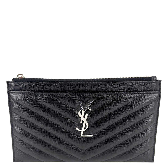 YSL Saint Laurent Yves Bill Grain De Poudre Chevron Pouch Handbag Leather Monogram Black Travel Bag Bill Zip Pouch