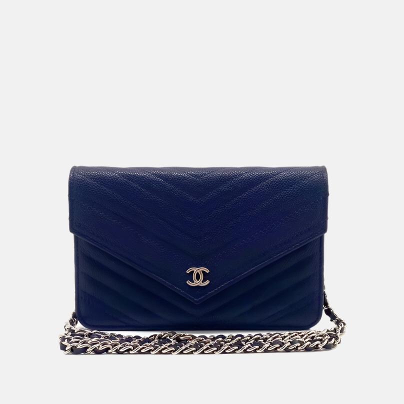 Chanel Chevron on Navy Caviar Hardware Silver Leather Wallet Case