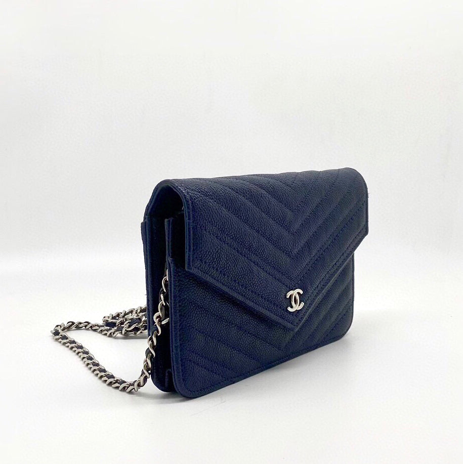 Chanel Chevron on Navy Caviar Hardware Silver Leather Wallet Case