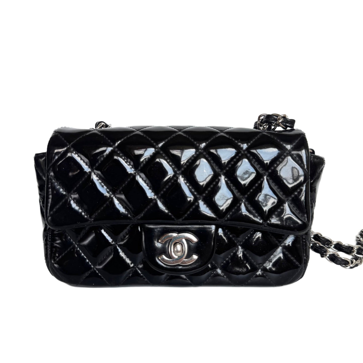 Chanel Classic Flap Rectangular Super Patent Hardware Black Silver Leather Mini Bag Silver Hardware