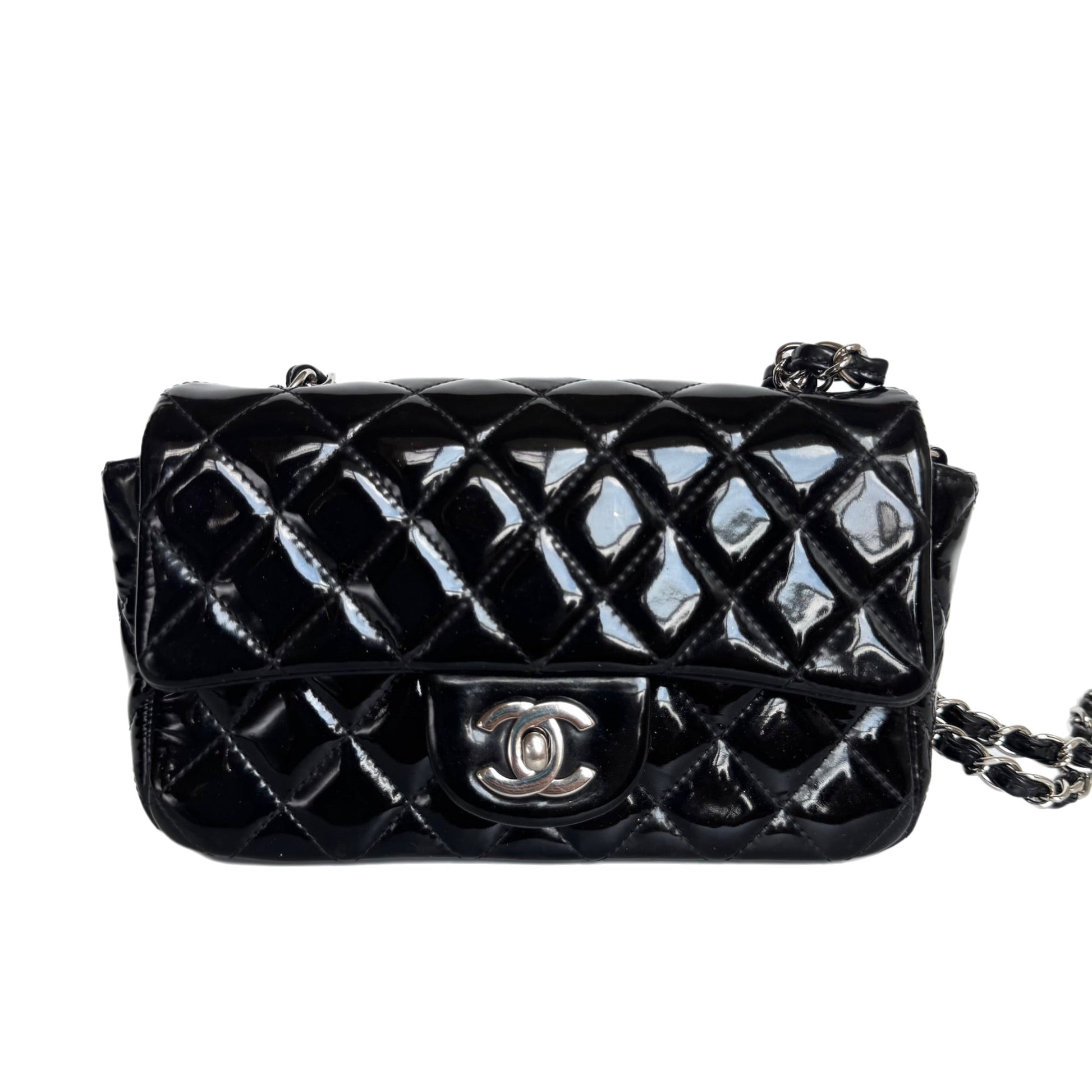 Chanel Classic Flap Rectangular Super Patent Hardware Black Silver Leather Mini Bag Silver Hardware