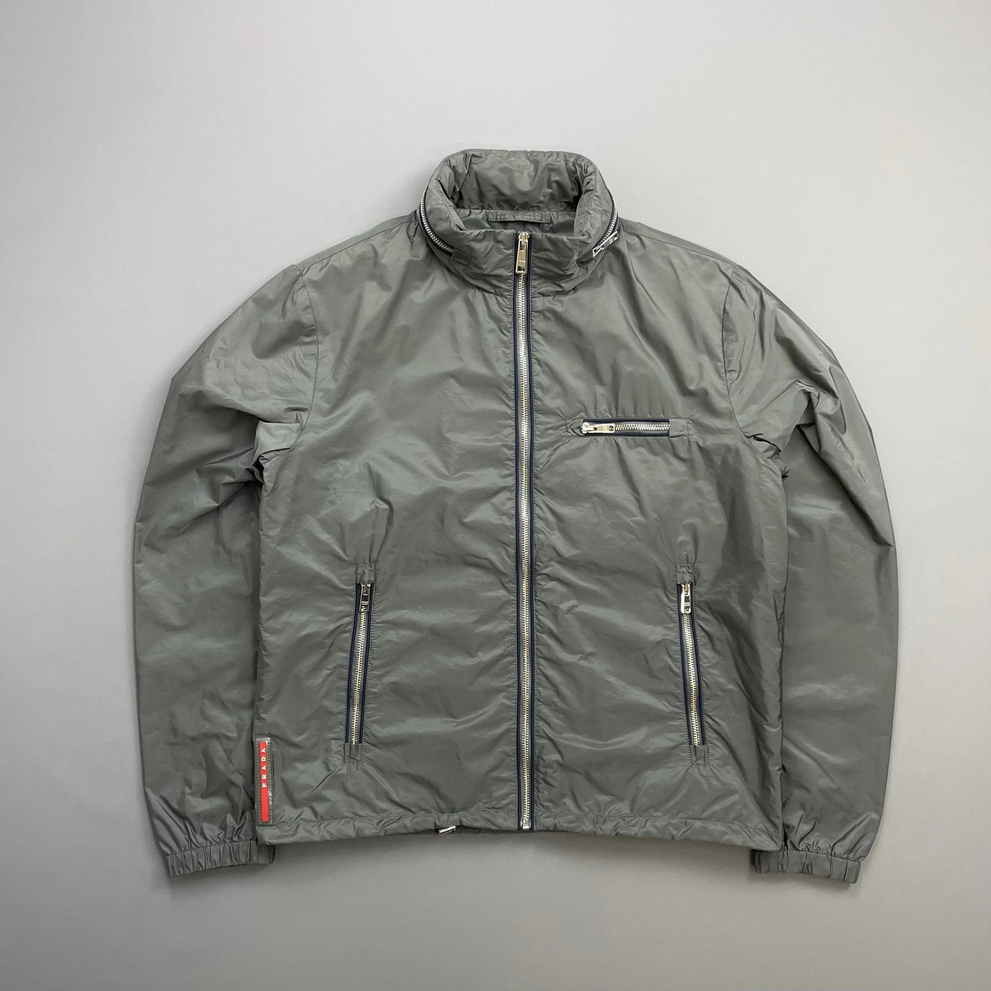 Prada Handbag Grey Contrast Stripe Concealed Hood Windbreaker Jacket Nylon Gray Zip