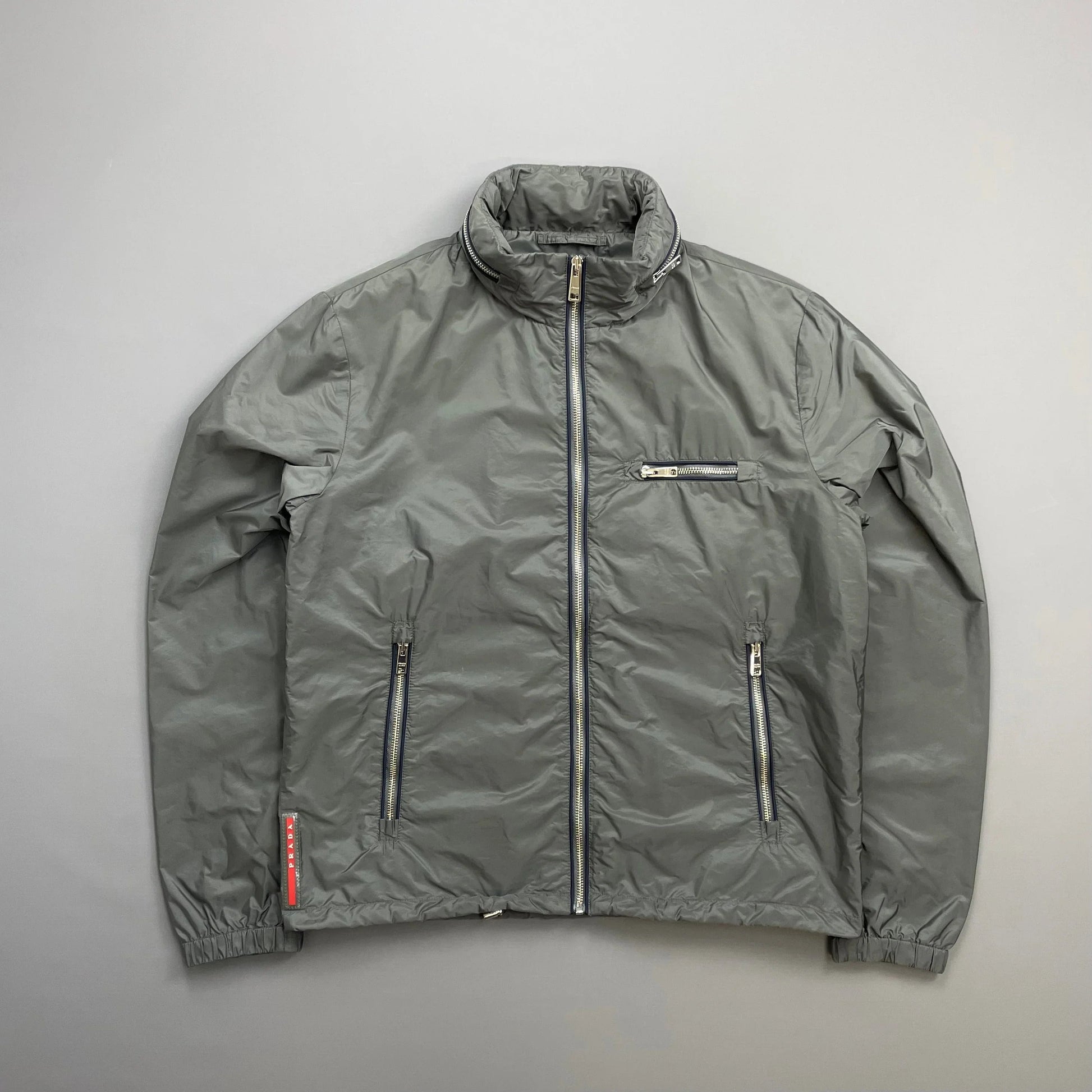 Prada Handbag Grey Contrast Stripe Concealed Hood Windbreaker Jacket Nylon Gray Zip