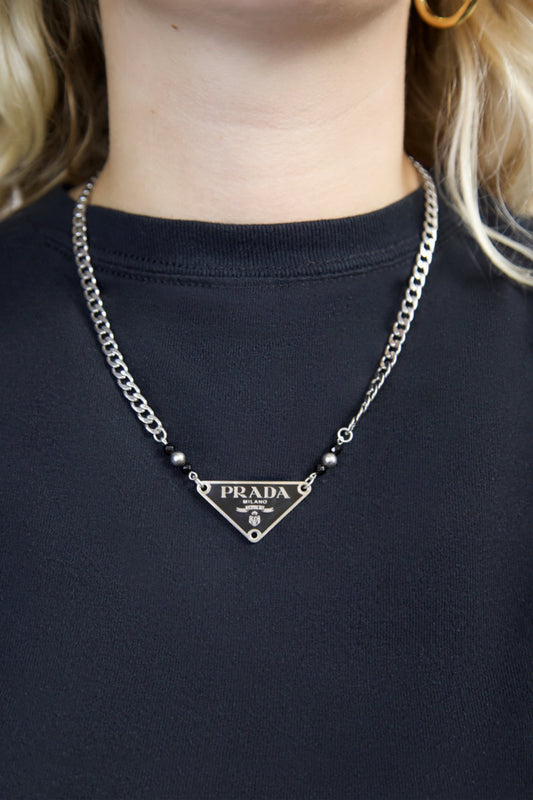 Prada Handbag VT Rework: Pendent Beaded Necklace Black Silver Jewelry