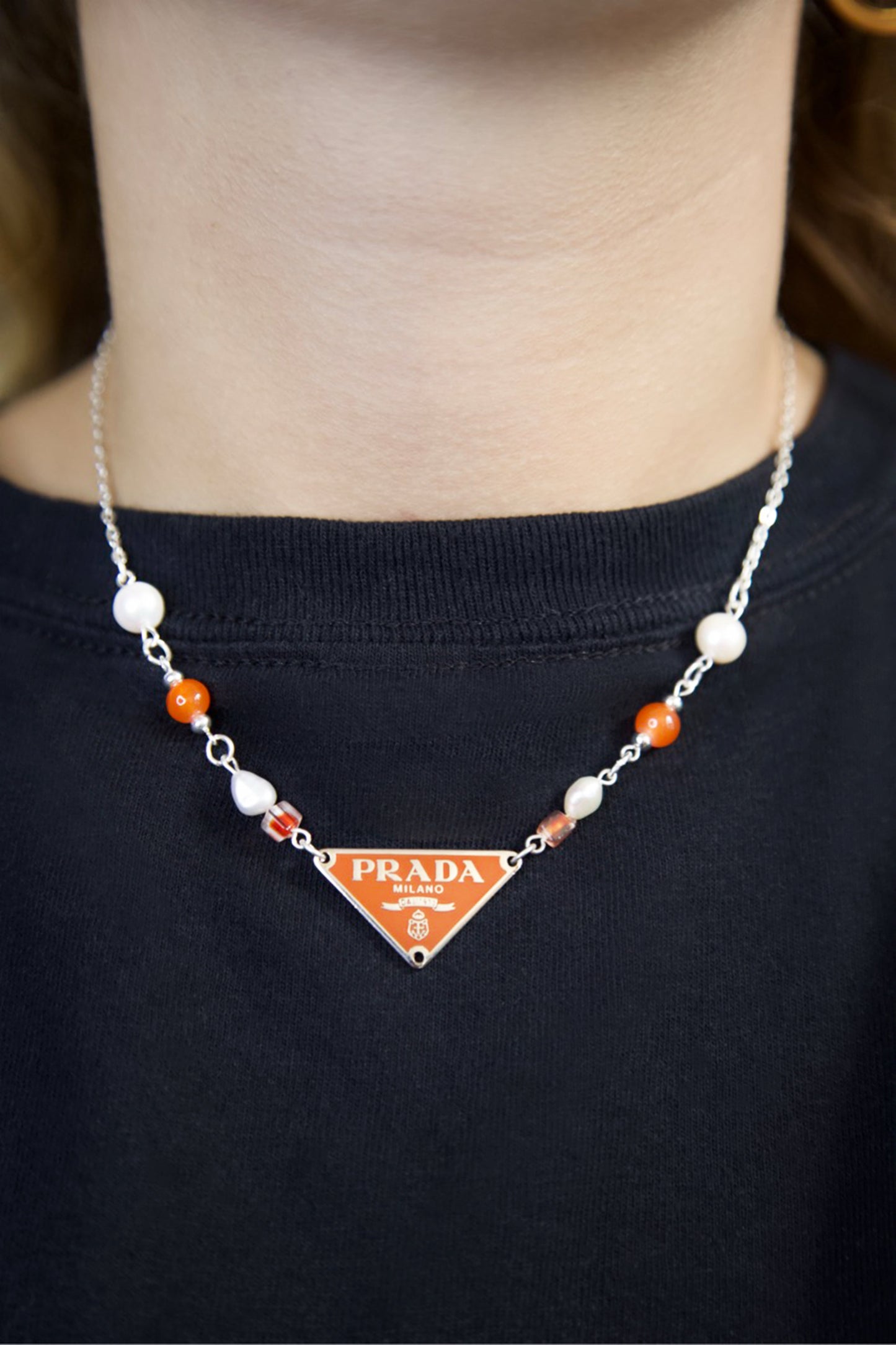 Prada Handbag VT Rework: Pendent Pearl Beaded Necklace Silver Orange Jewelry