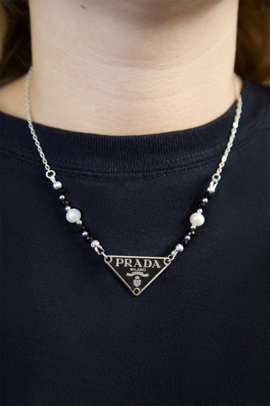 Prada Handbag VT Rework: Pendent Pearl Beaded Necklace Black Silver Jewelry