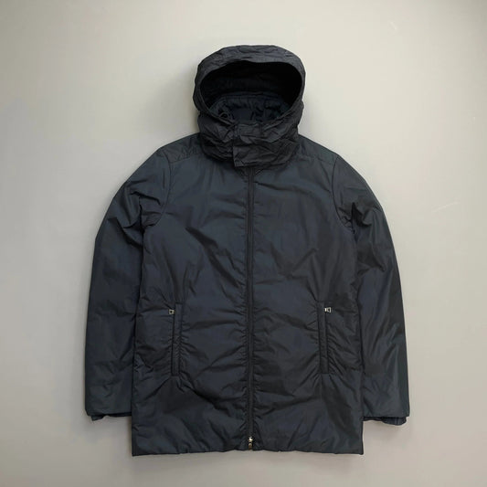 Prada Handbag Sport 00s Padded Concealed Hood Longline Overcoat Nylon Navy