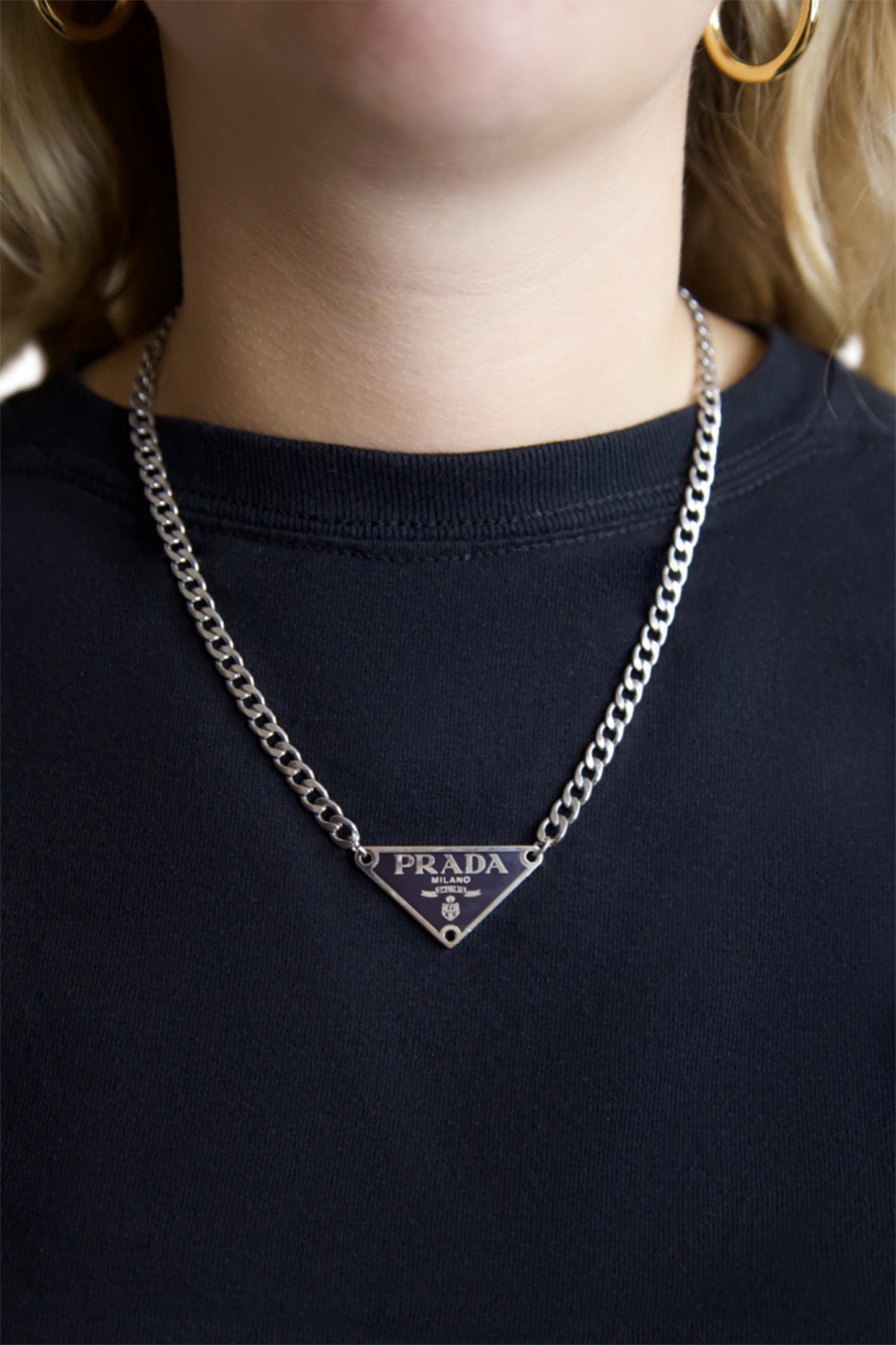 Prada Handbag VT Rework: Pendent Necklace Black Silver Chain Jewelry
