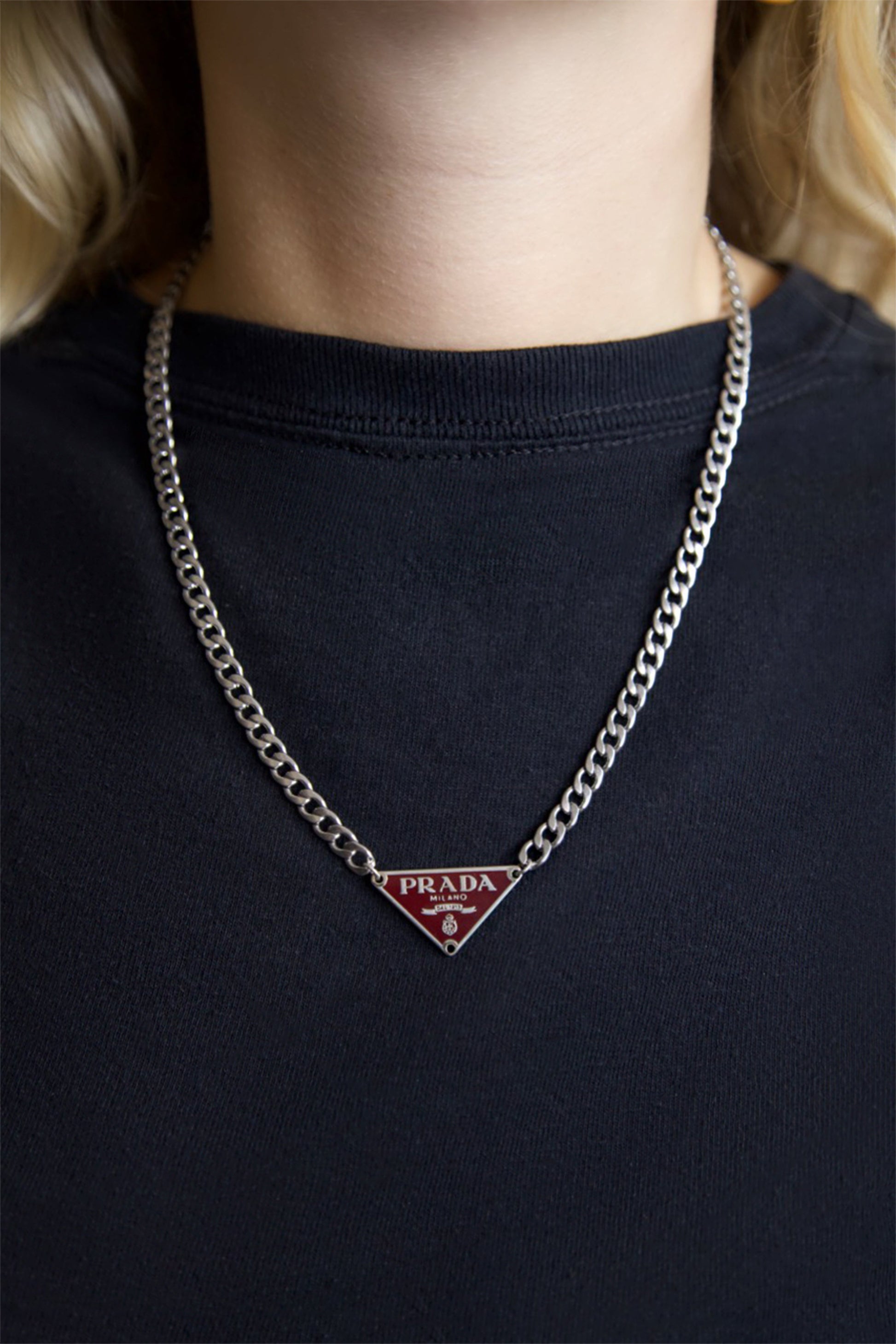 Prada Handbag VT Rework: Burgundy Pendent Necklace Silver Chain Jewelry