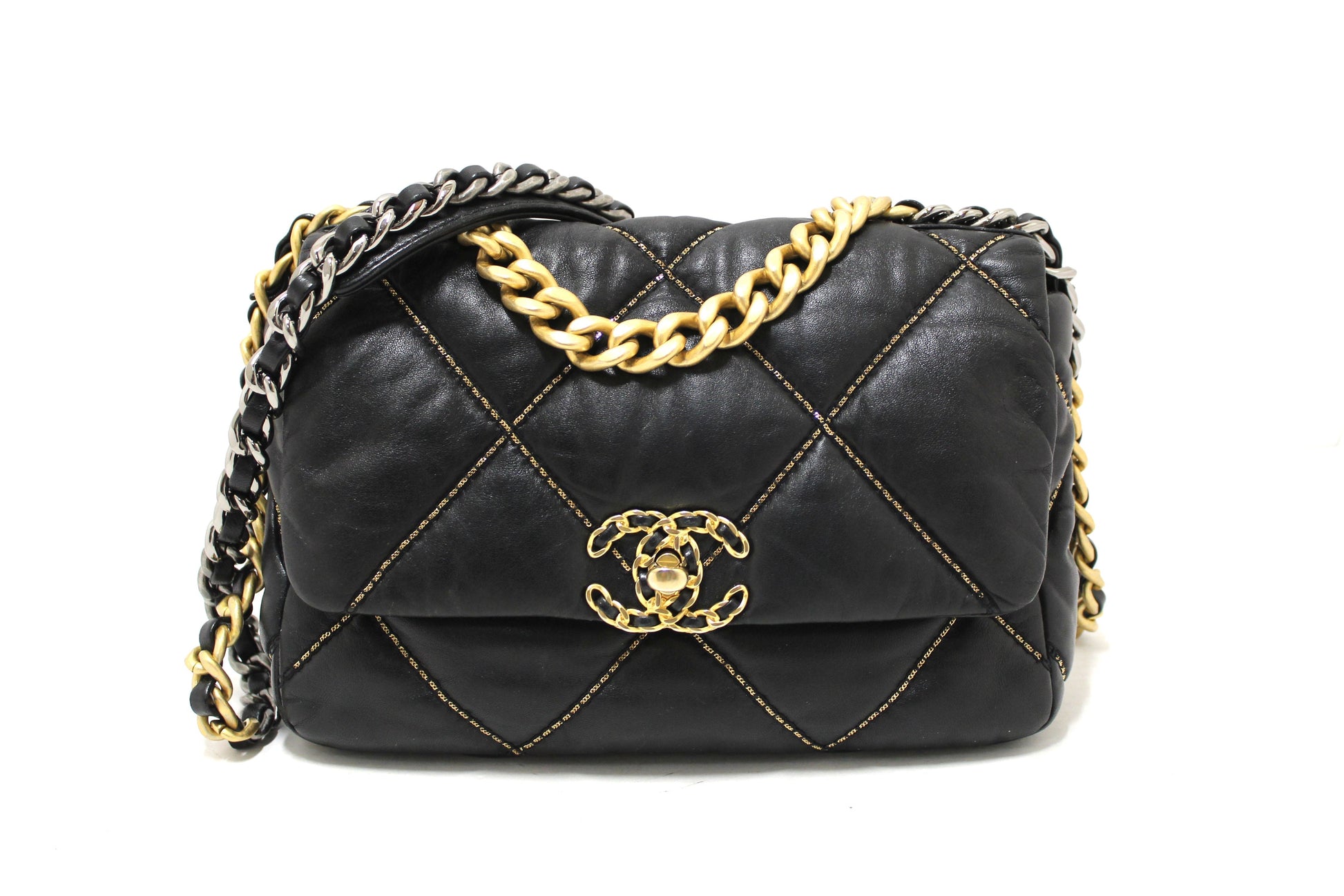 Limited Edition Chanel 19 Medium Black Quilted Lambskin Leather Shoulder Crossbody Bag