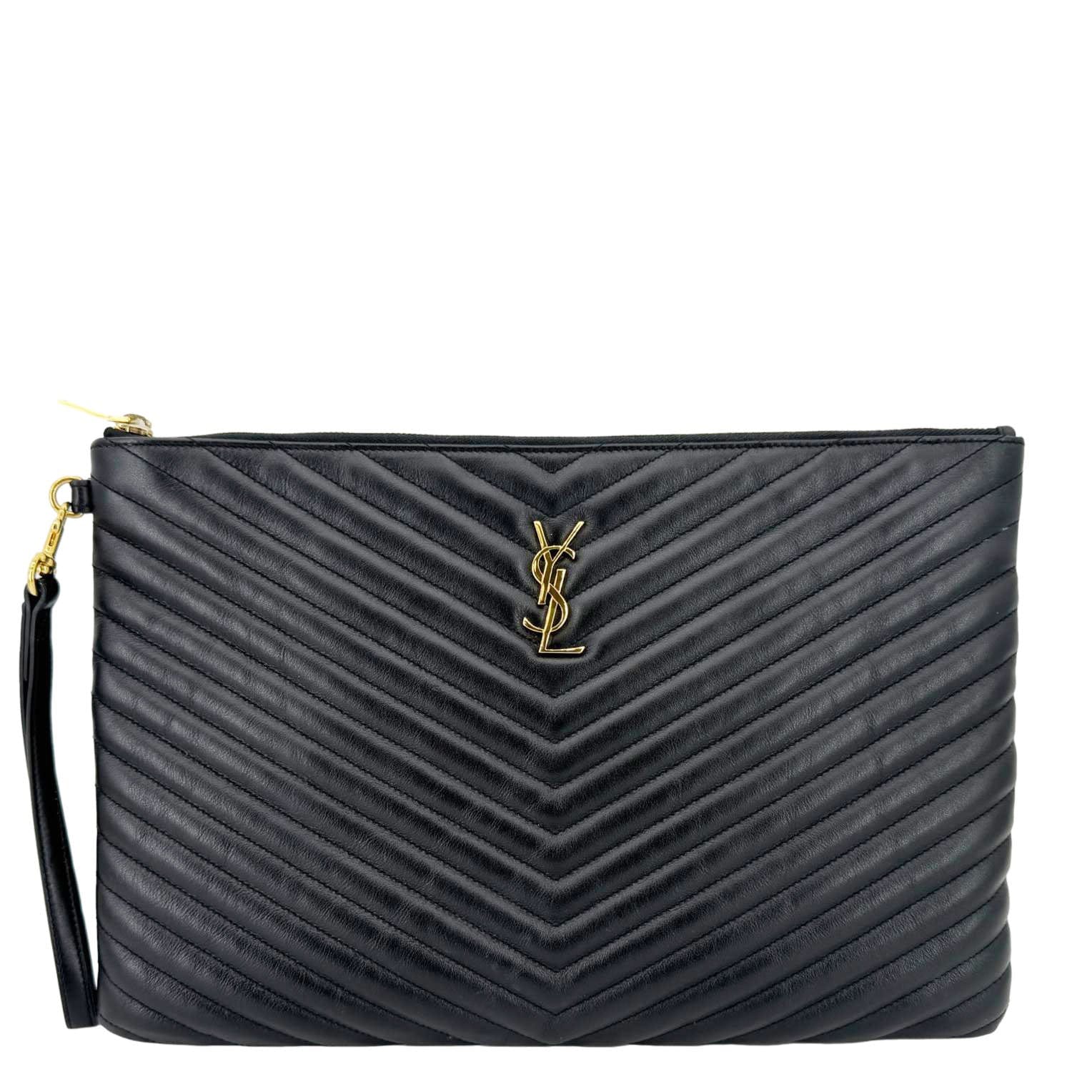 YSL Saint Laurent Yves Chevron Document Holder Handbag Leather Black Travel Bag