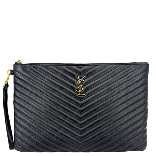 YSL Saint Laurent Yves Chevron Document Holder Handbag Leather Black Travel Bag