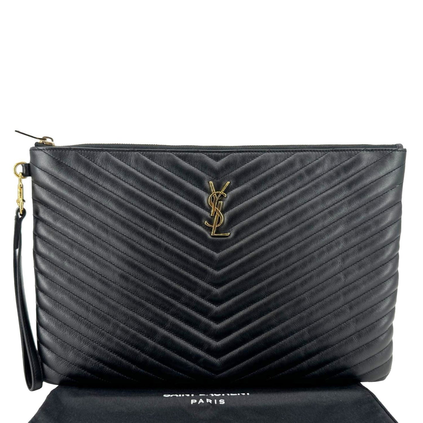 YSL Saint Laurent Yves Chevron Document Holder Handbag Leather Black Travel Bag