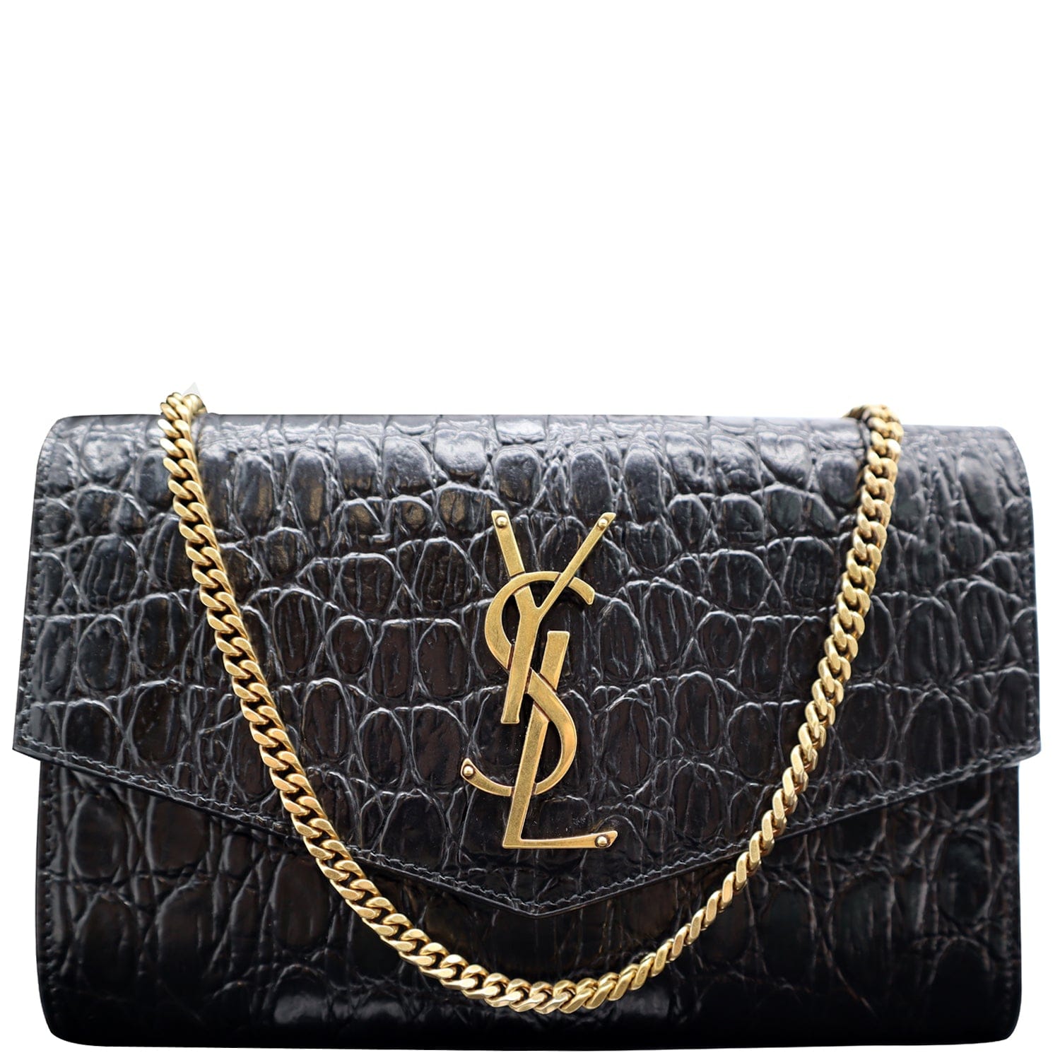 YSL Saint Laurent Saint Uptown Crocodile Embossed Crossbody Wallet Black Chain Crossbody Bag