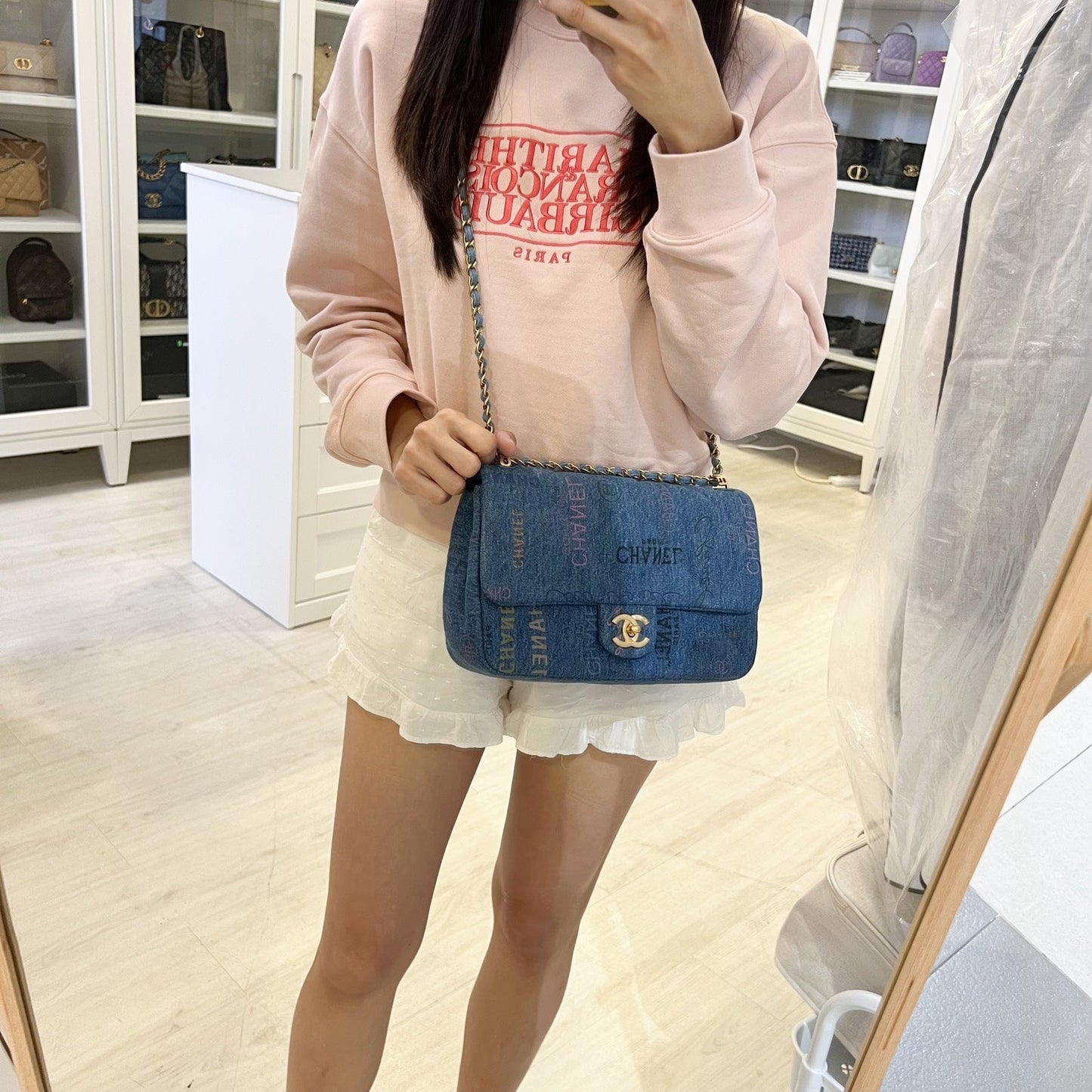 Chanel 22P Denim Mood Medium Flap Bag in Blue Printed Denim and AGHW (Model: AS3135)