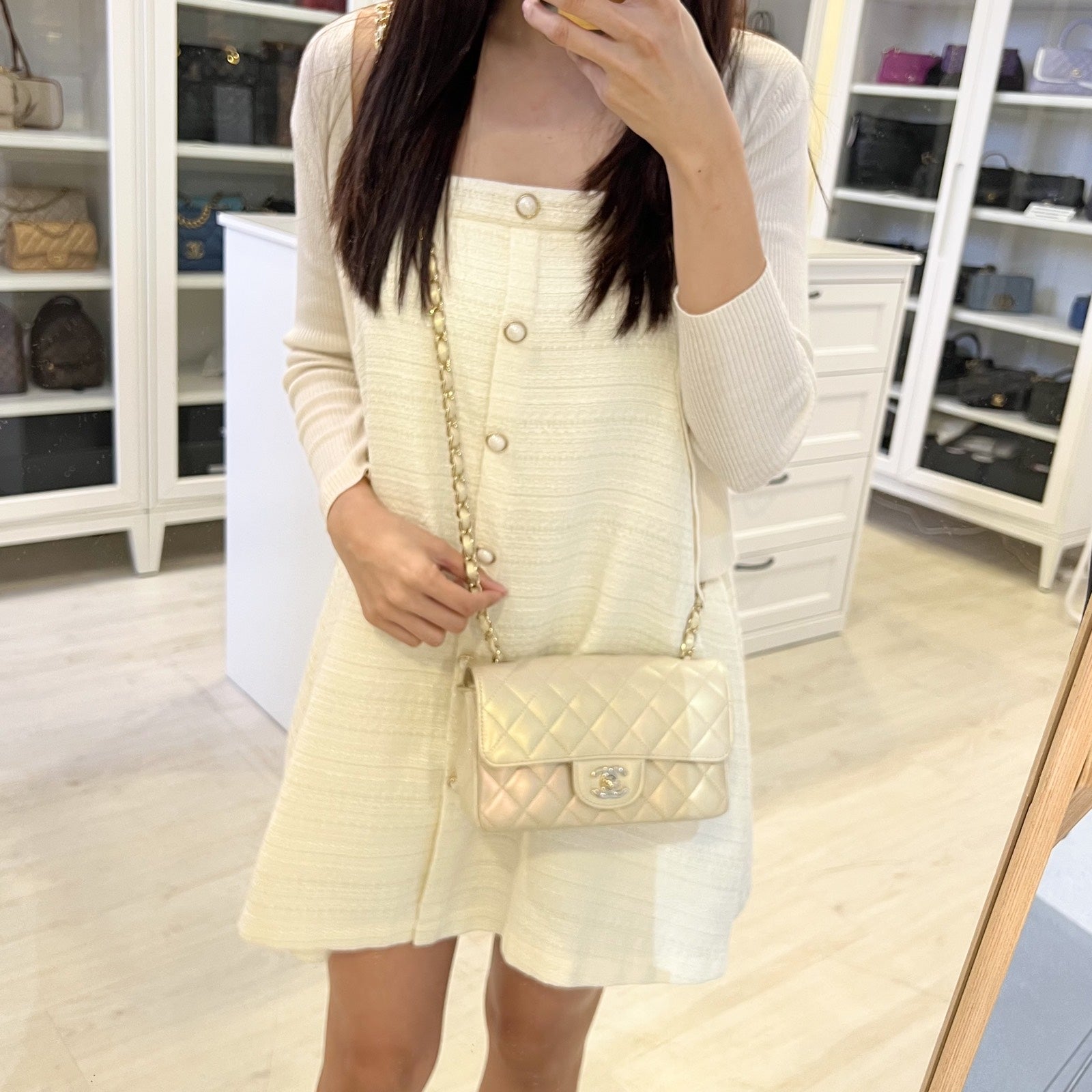 Chanel Classic Mini Rectangle Flap in 20B Iridescent Ivory Lambskin and Lghw Handbag