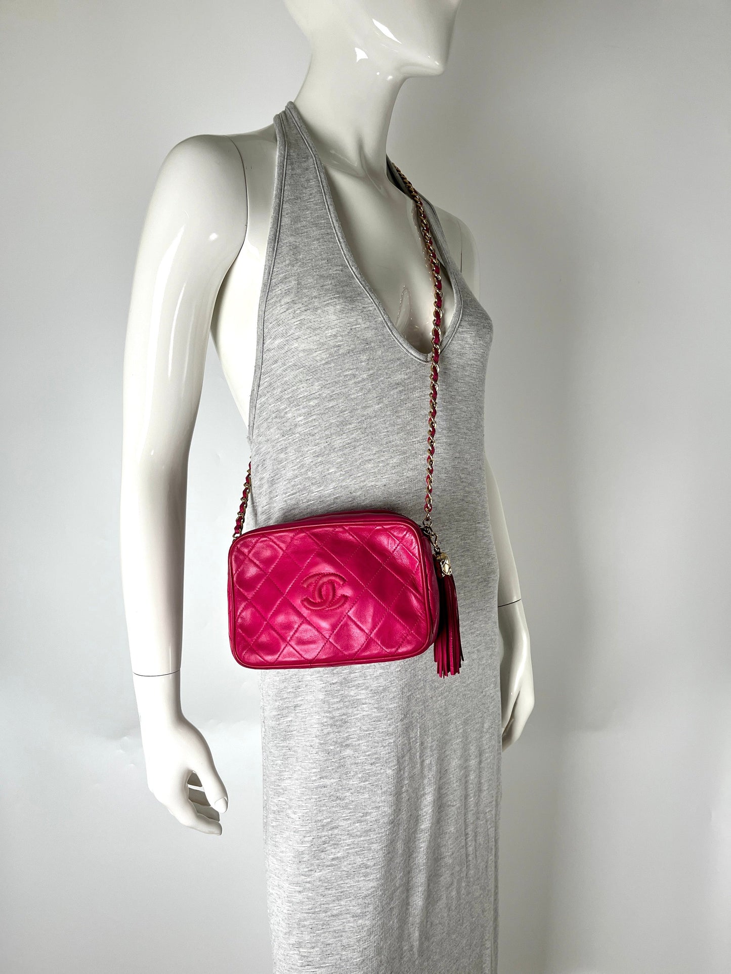 CHANEL   Tassel Pink Leather Quilted Crossbody Camera Case Bag
